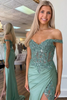 Load image into Gallery viewer, Sparkly Mermaid Green Off The Shoulder Corset Long Prom Dress with Slit