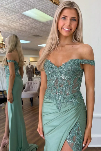 Sparkly Mermaid Green Off The Shoulder Corset Long Prom Dress with Slit