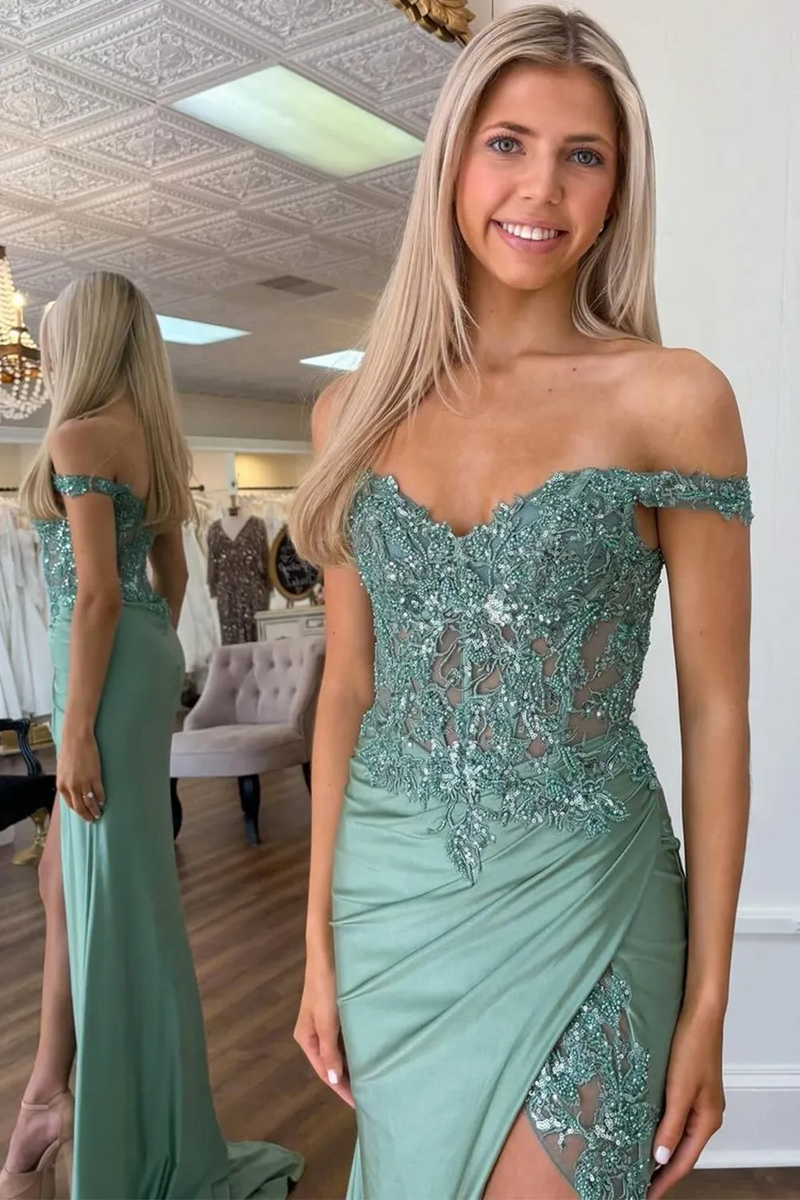 Load image into Gallery viewer, Sparkly Mermaid Green Off The Shoulder Corset Long Prom Dress with Slit