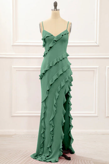 Mint Green Backless Spaghetti Straps Prom Dress With Slit