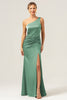 Load image into Gallery viewer, Fuchsia Mermaid Ruched Satin Long Bridesmaid Dress with Slit