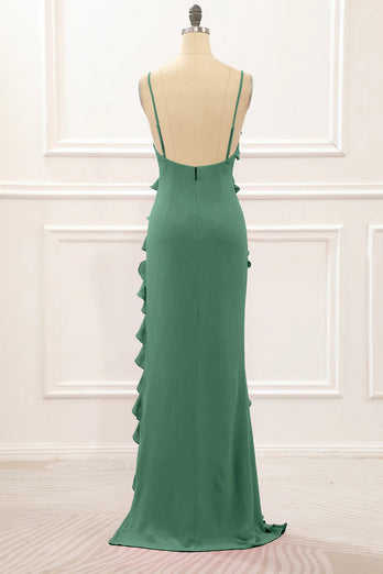 Mint Green Backless Spaghetti Straps Prom Dress With Slit