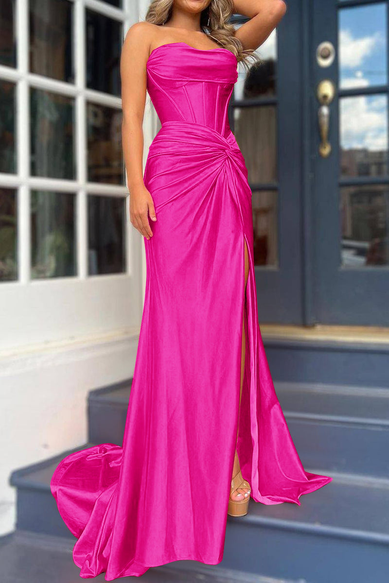 Load image into Gallery viewer, Fuchsia Mermaid Ruched Long Corset Prom Dress with Slit