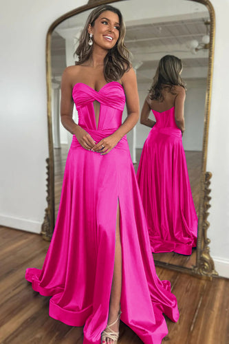 Fuchsia A-Line Corset Satin Long Prom Dress with Slit