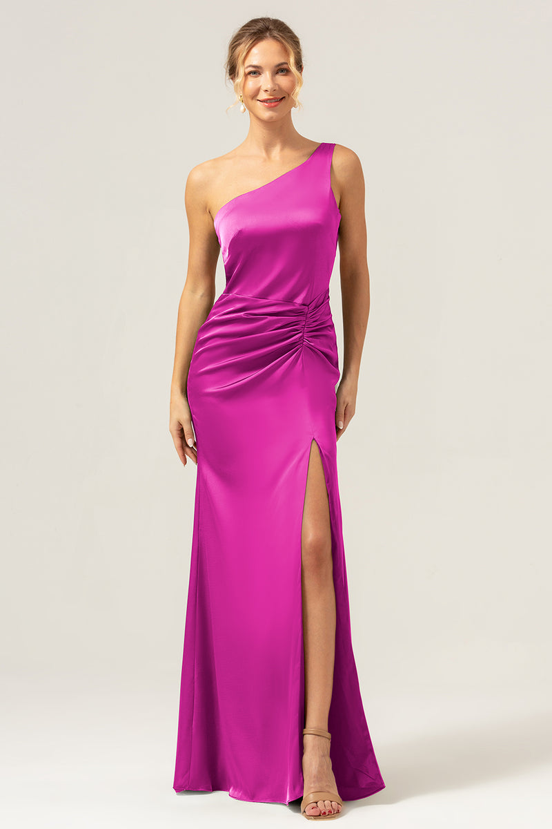 Load image into Gallery viewer, Fuchsia Mermaid Ruched Satin Long Bridesmaid Dress with Slit