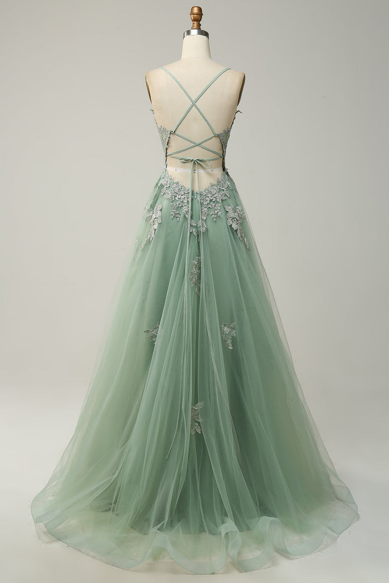 Load image into Gallery viewer, Spaghetti Straps Dark Green Lace-Up Back Long Prom Dress with Appliques