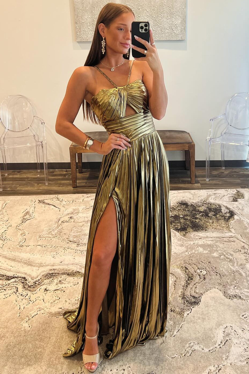 Sparkly Golden A Line Backless Long Prom Dress With Slit