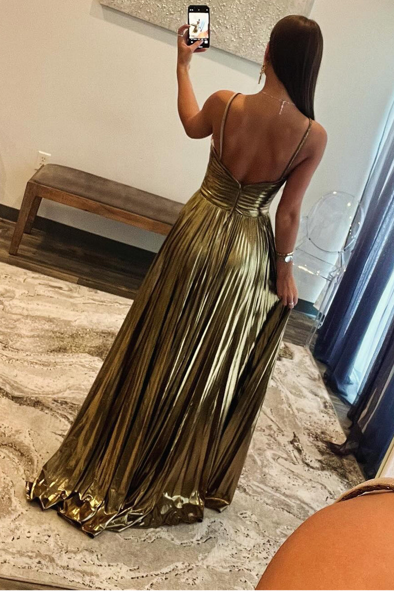 Load image into Gallery viewer, Sparkly Golden A Line Backless Long Prom Dress With Slit