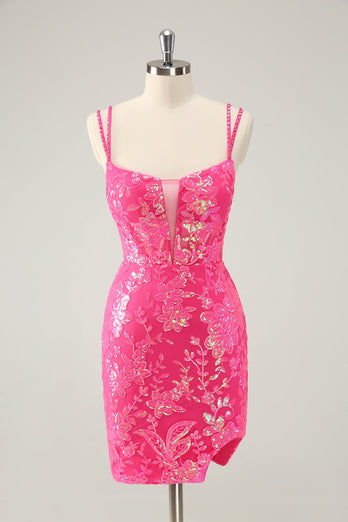 Glitter Hot Pink Tight Sequined Embroidery Short Prom Dress