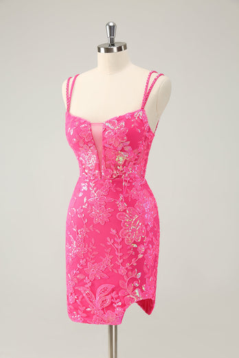 Glitter Hot Pink Tight Sequined Embroidery Short Prom Dress