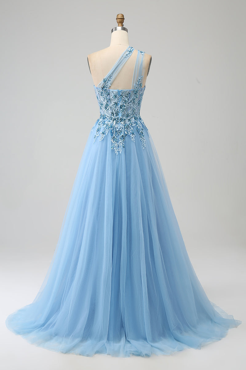 Load image into Gallery viewer, Light Blue A-Line One Shoulder Sequin Prom Dress with Appliques