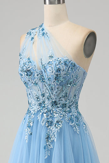 Light Blue A-Line One Shoulder Sequin Prom Dress with Appliques