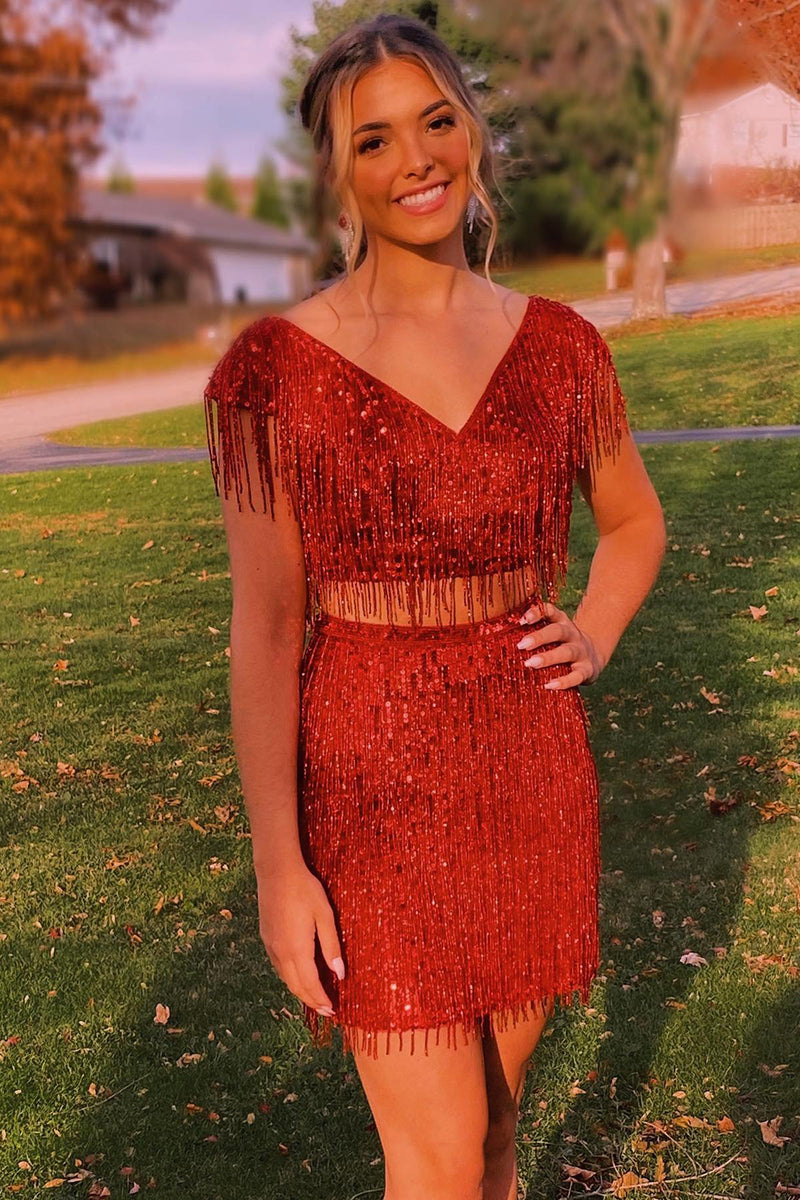 Load image into Gallery viewer, Glitter Two Piece Set Red Party Dress with Long Tassels