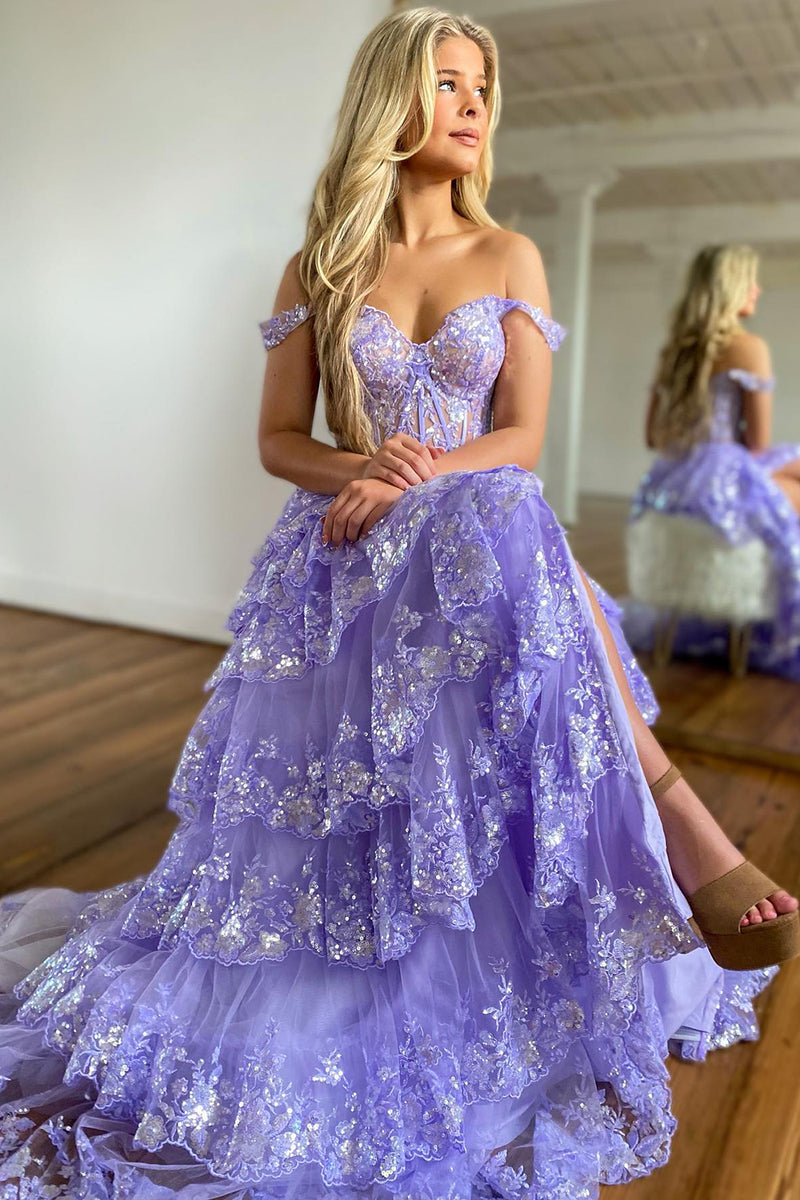 Load image into Gallery viewer, Dark Blue Off The Shoulder Tiered Prom Dress