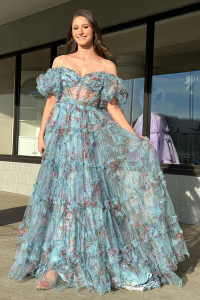 Green Flower Off The Shoulder Prom Dress_1