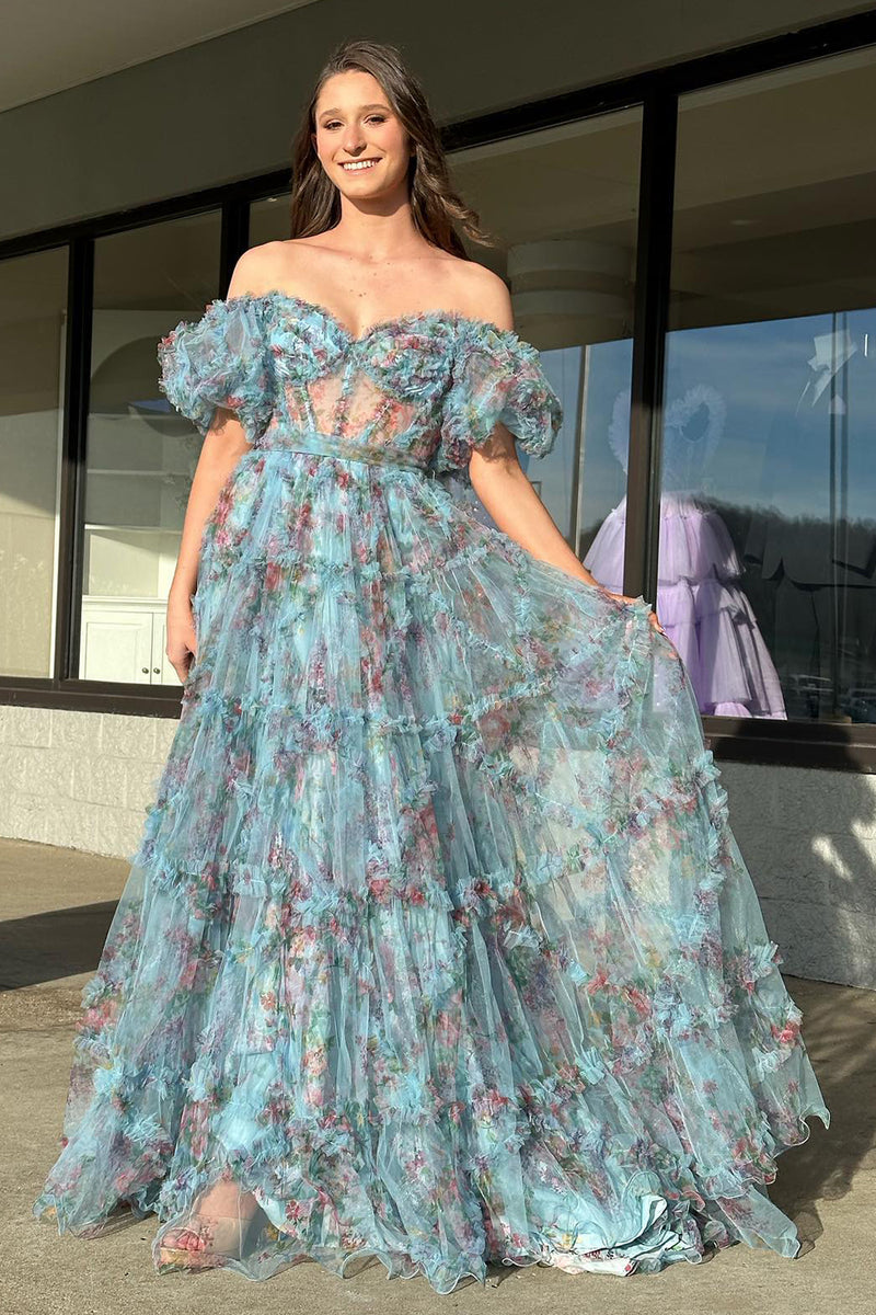 Load image into Gallery viewer, Green Flower Off The Shoulder Prom Dress_1