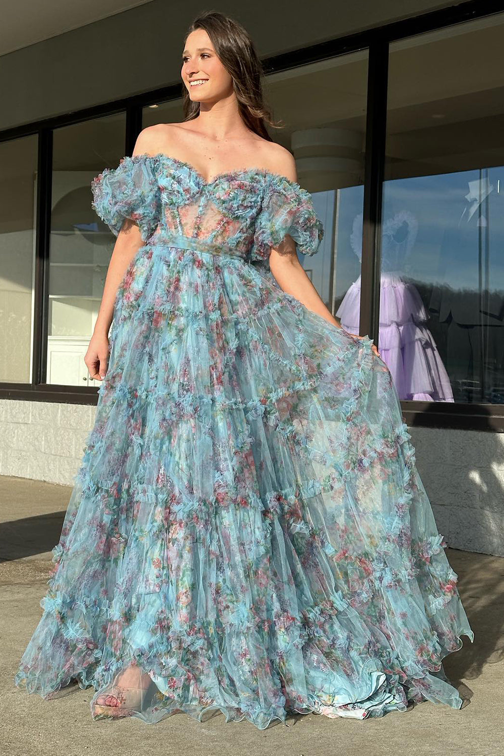 Green Flower Off The Shoulder Prom Dress_2