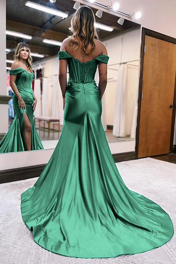 Queendancer Sparkly Hunter Green Beaded Mermaid Long Prom Dress with Slit _2