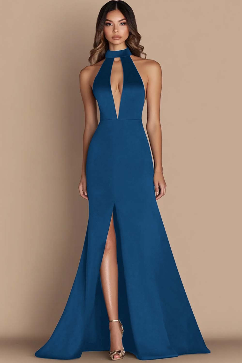 Ink Blue Halter Simple Satin Keyhole Long Tie Dress with Slit