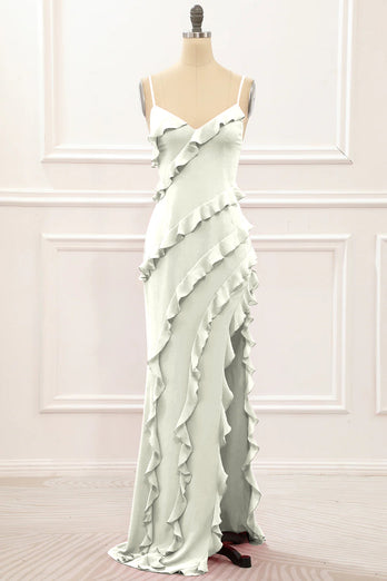 Dusty Sage Backless Spaghetti Straps Prom Dress With Slit