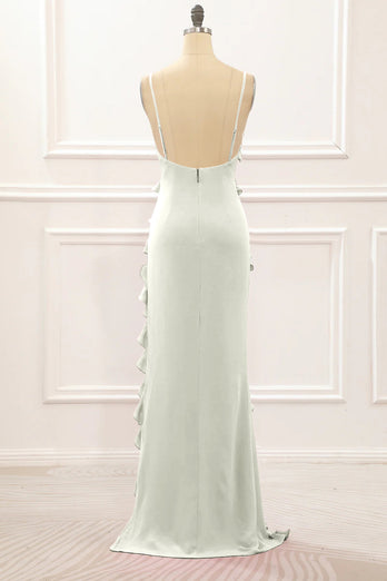 Dusty Sage Backless Spaghetti Straps Prom Dress With Slit