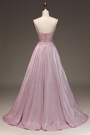 Glitter Beaded Spaghetti Straps Blush Ball Gown with Appliques