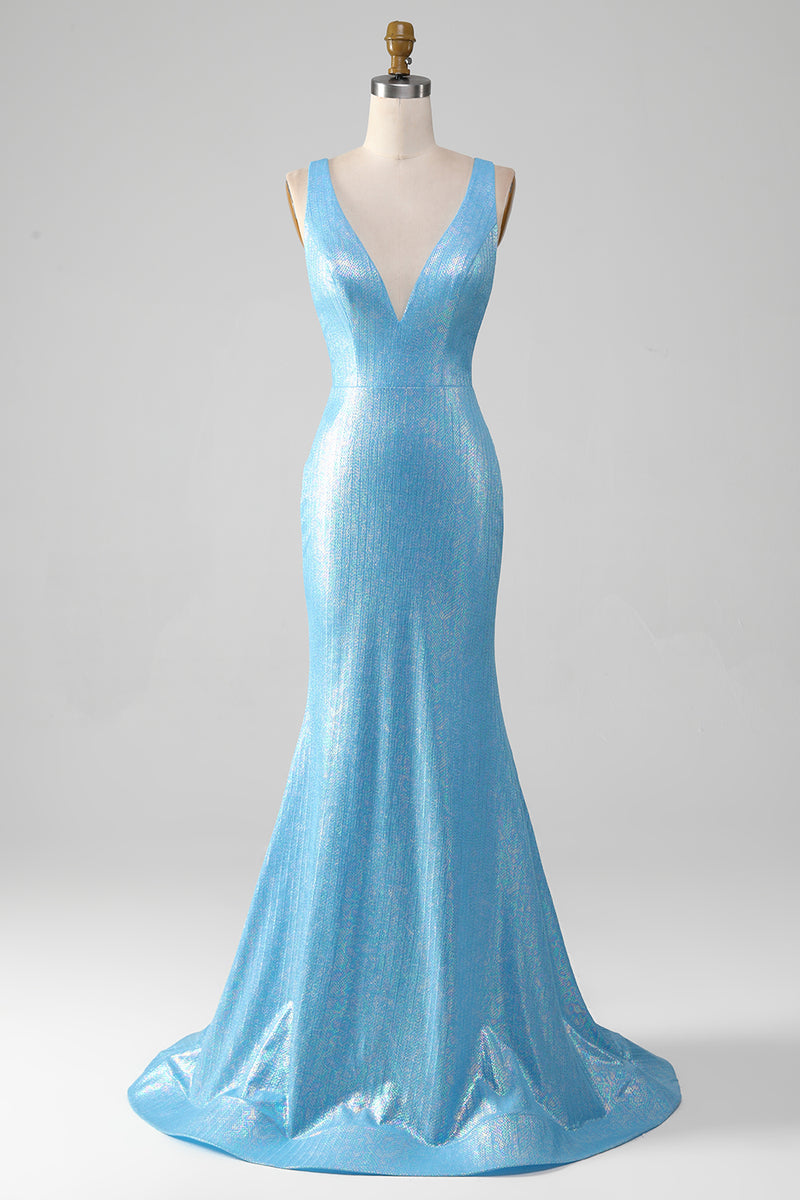 Load image into Gallery viewer, Glitter Blue V-neck Mermaid Prom Dress