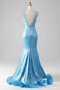 Load image into Gallery viewer, Glitter Blue V-neck Mermaid Prom Dress