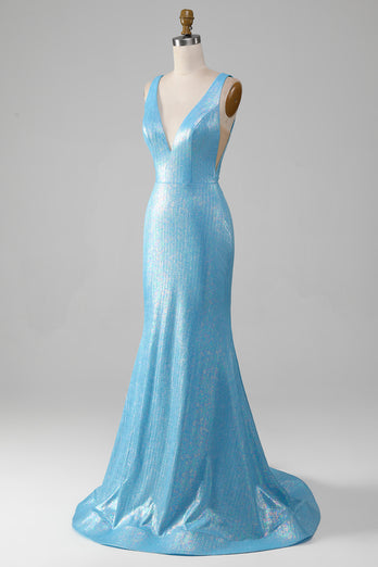 Glitter Blue V-neck Mermaid Prom Dress