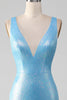 Load image into Gallery viewer, Glitter Blue V-neck Mermaid Prom Dress