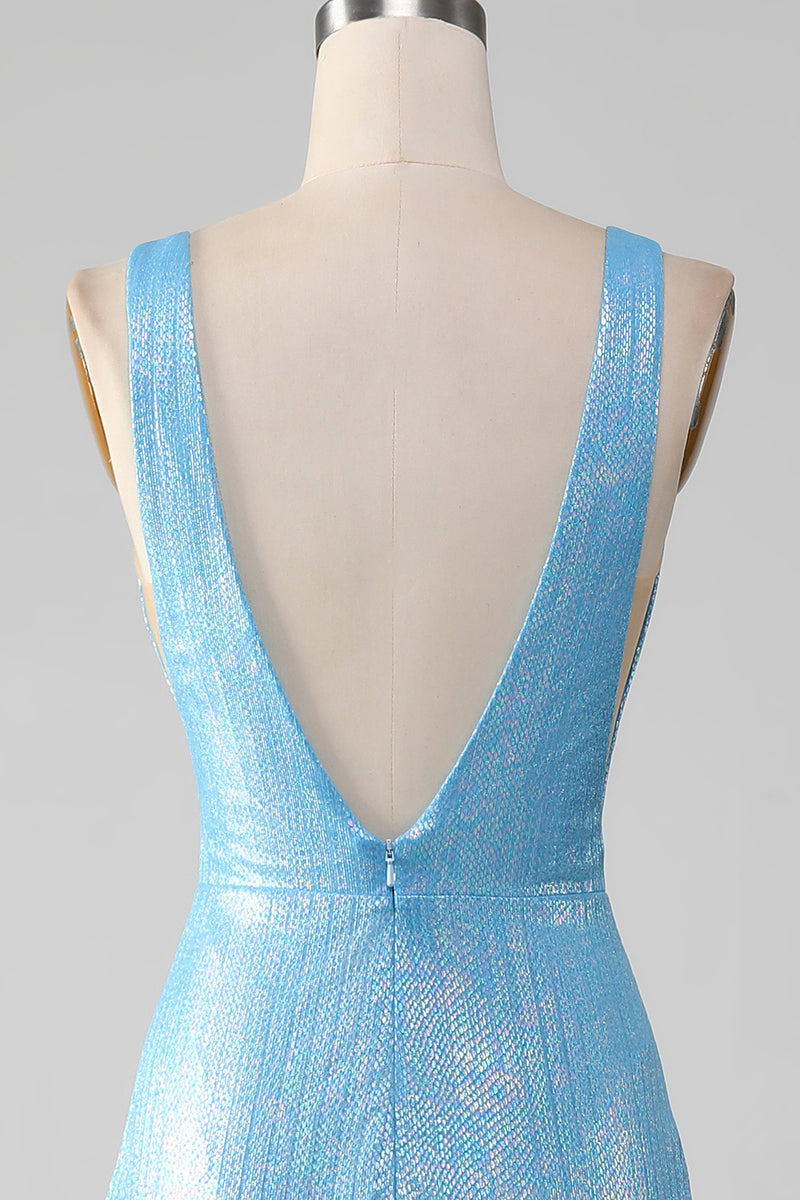 Load image into Gallery viewer, Glitter Blue V-neck Mermaid Prom Dress