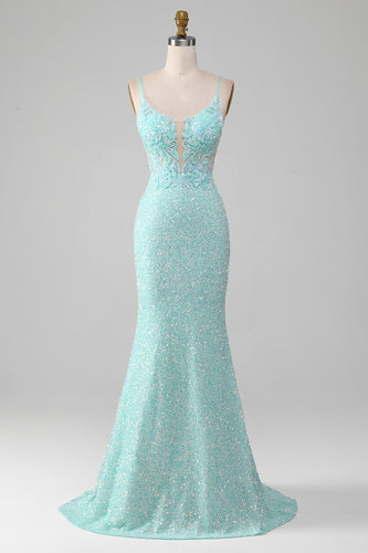 Sequins Sparkly Mermaid Light Green Prom Dress with Slit