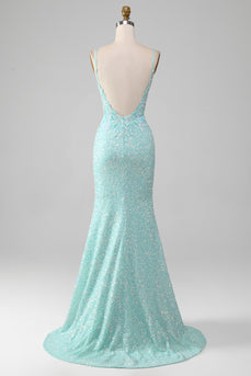 Sequins Sparkly Mermaid Light Green Prom Dress with Slit