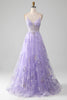 Load image into Gallery viewer, Tulle Spaghetti Straps Purple Sequins Prom Dress with Appliques