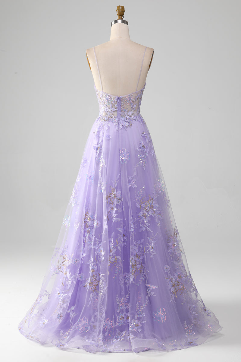 Load image into Gallery viewer, Tulle Spaghetti Straps Purple Sequins Prom Dress with Appliques