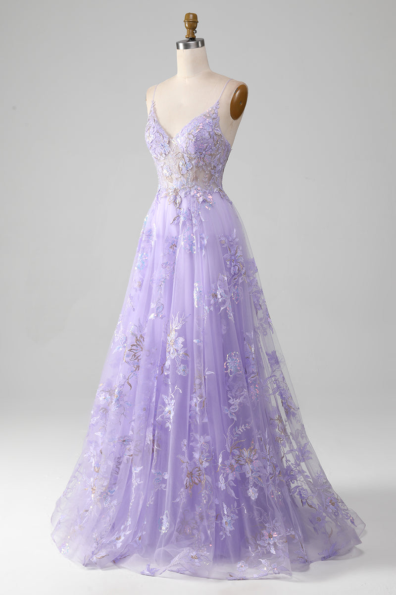 Load image into Gallery viewer, Tulle Spaghetti Straps Purple Sequins Prom Dress with Appliques