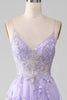 Load image into Gallery viewer, Tulle Spaghetti Straps Purple Sequins Prom Dress with Appliques