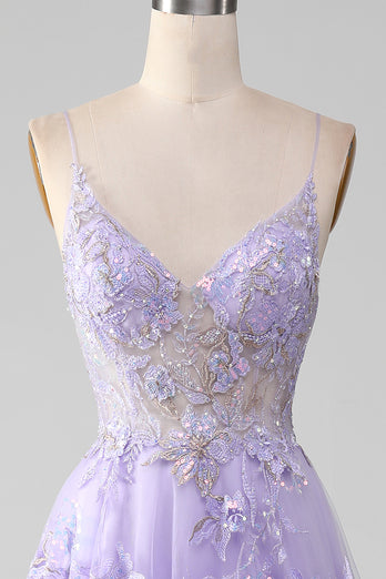 Tulle Spaghetti Straps Purple Sequins Prom Dress with Appliques