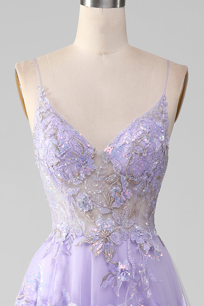 Load image into Gallery viewer, Tulle Spaghetti Straps Purple Sequins Prom Dress with Appliques