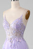 Load image into Gallery viewer, Tulle Spaghetti Straps Purple Sequins Prom Dress with Appliques