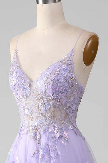 Tulle Spaghetti Straps Purple Sequins Prom Dress with Appliques