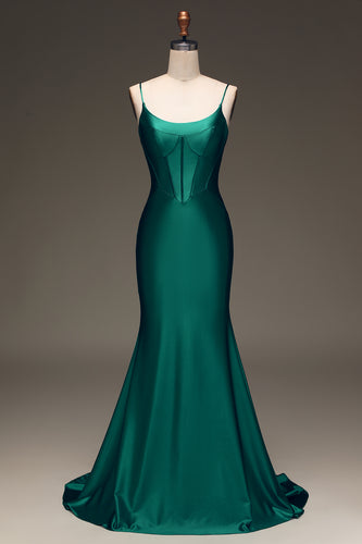 Satin Mermaid Lace-Up Back Dark Green Prom Dress