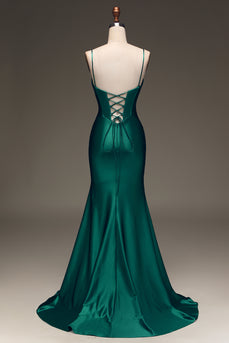 Satin Mermaid Lace-Up Back Dark Green Prom Dress