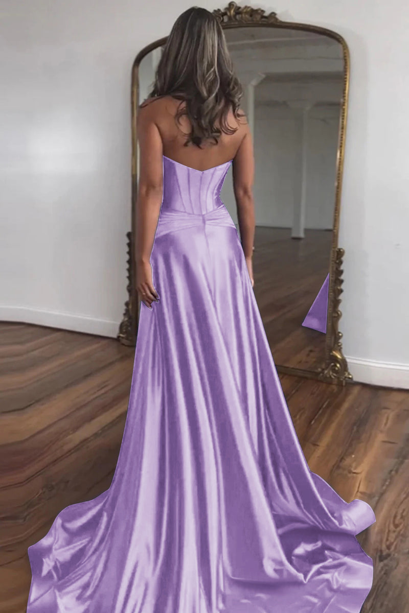 Load image into Gallery viewer, Fuchsia A-Line Corset Satin Long Prom Dress with Slit