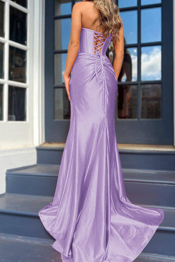 Fuchsia Mermaid Ruched Long Corset Prom Dress with Slit