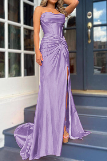 Fuchsia Mermaid Ruched Long Corset Prom Dress with Slit