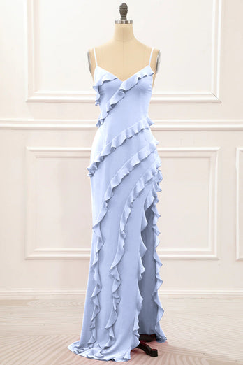 Dusty Sage Backless Spaghetti Straps Prom Dress With Slit