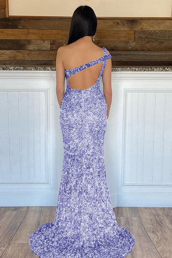 Mermaid One Shoulder Dark Purple Sequins Long Prom Dress