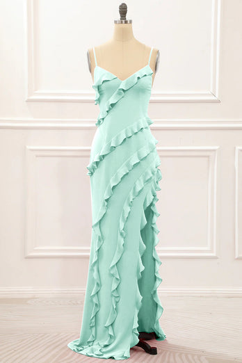 Mint Green Backless Spaghetti Straps Prom Dress With Slit