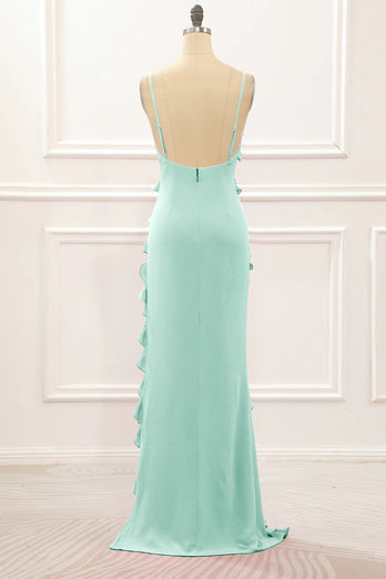 Mint Green Backless Spaghetti Straps Prom Dress With Slit